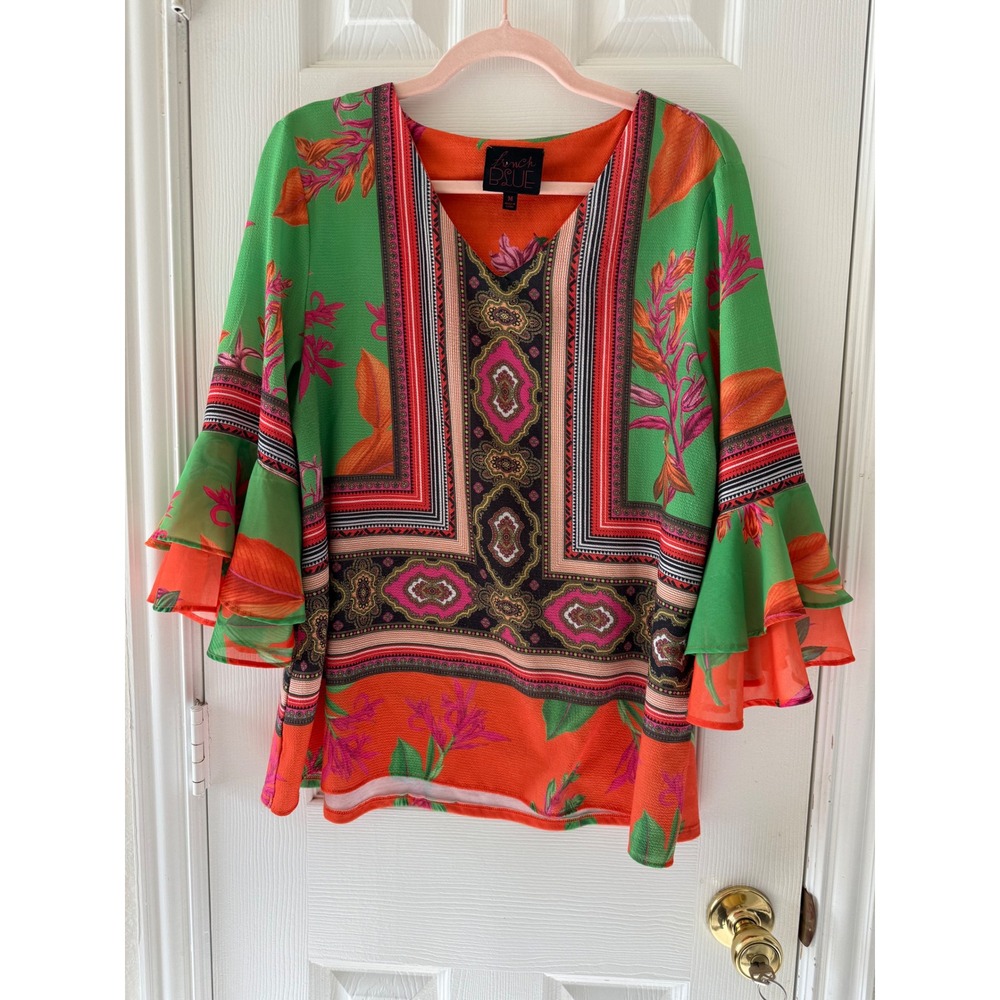French‎ Blue Women's Medium Floral Print V Neck Bell Sleeve Blouse Top